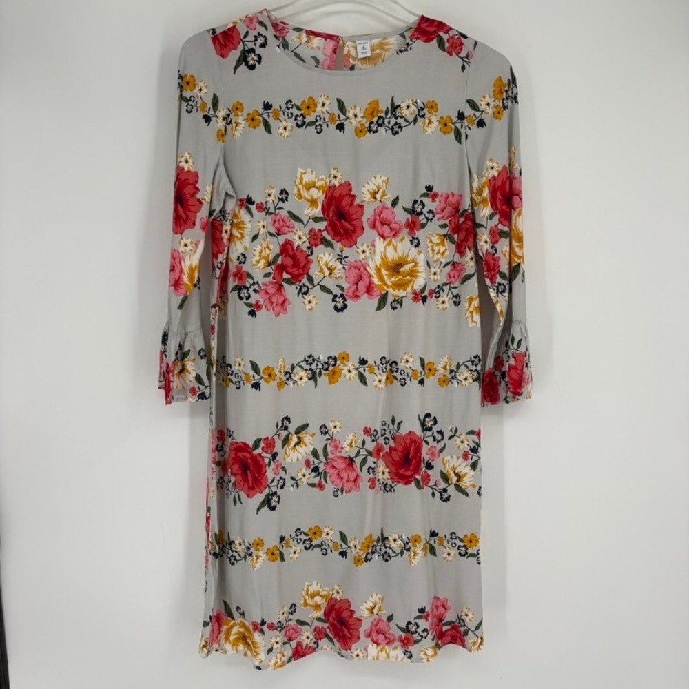 NWT Old Navy Floral Print Gray Long Sleeve Dress Women's SZ M Tall Ruffle Sleeve